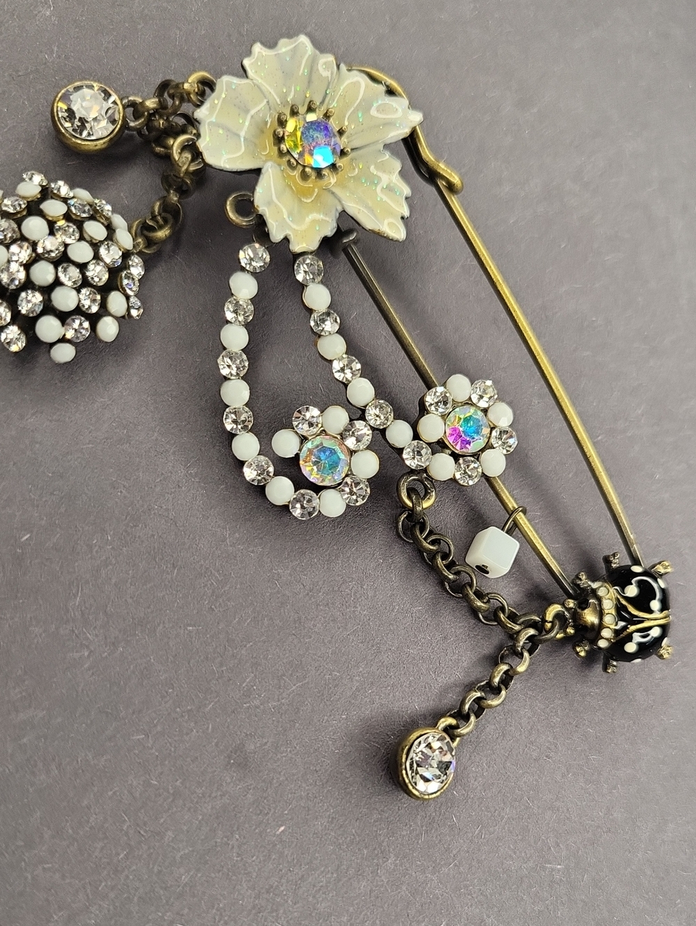 White Floral Crystal Safety Pin Brooch with Iridescent Accents